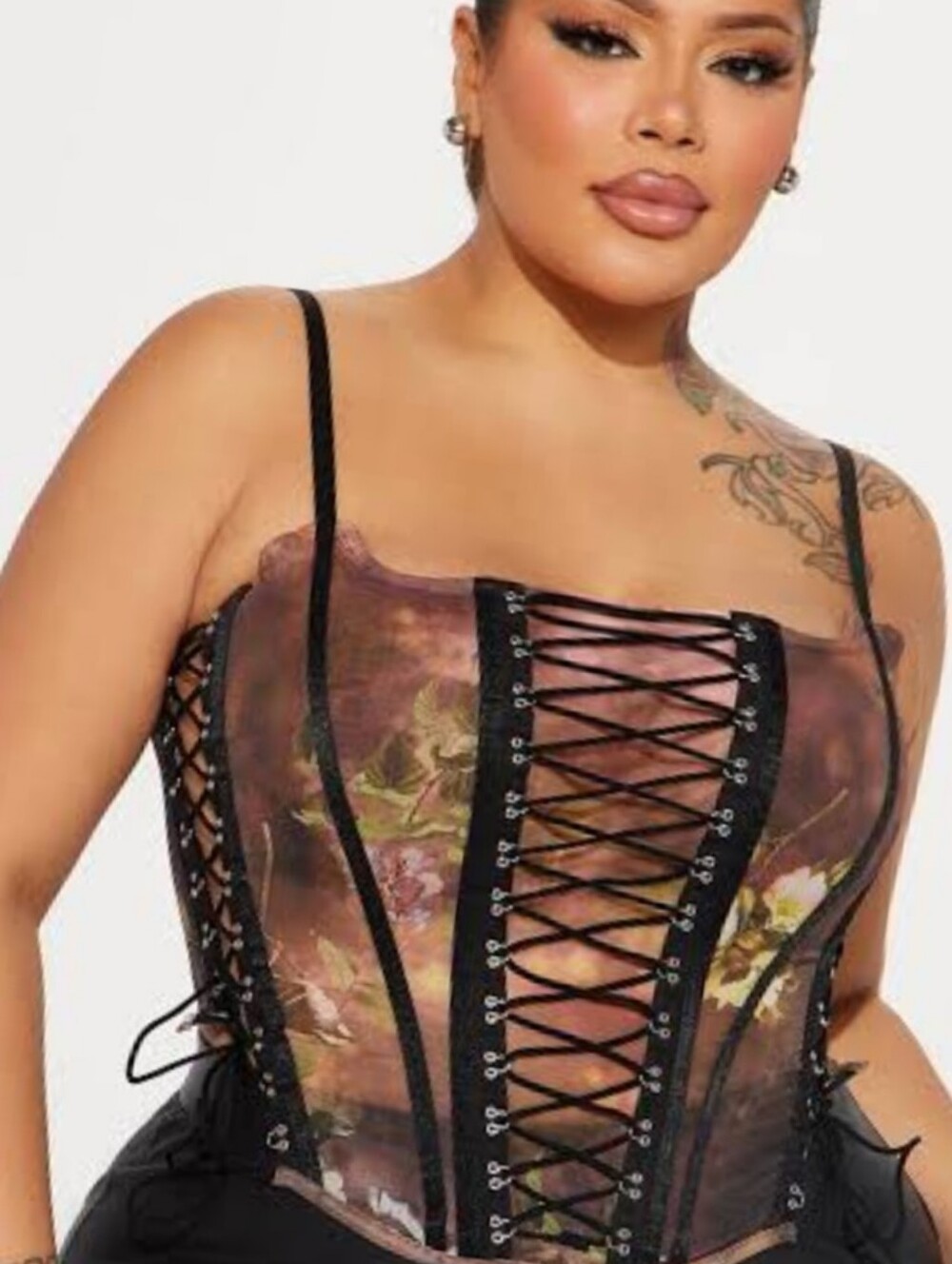 Fashion Nova Black Lace-Up Floral Sheer Corset Cami